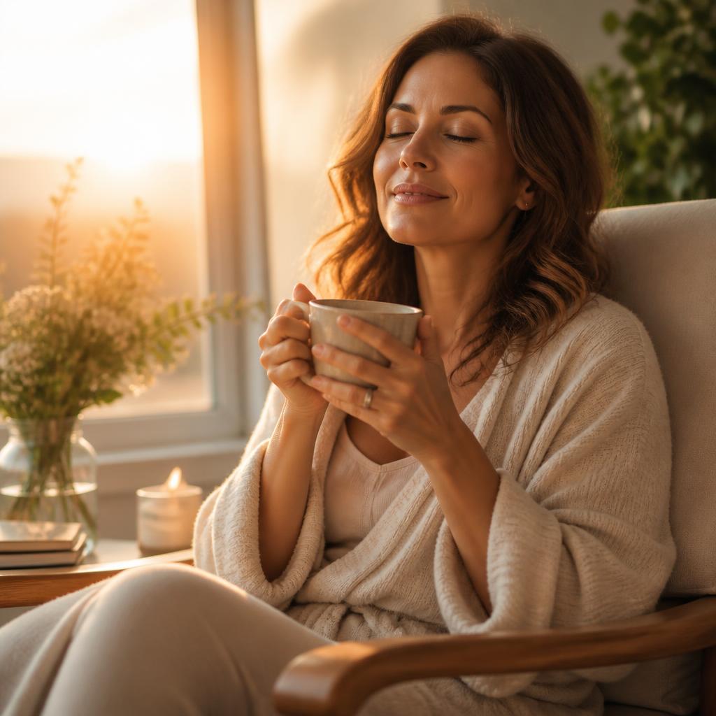 A relaxed woman enjoying a calm morning moment with coffee